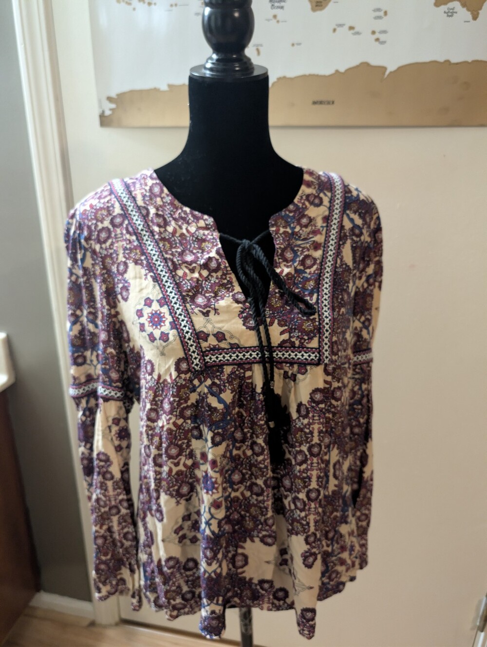 Daniel Rainn Boho Peasant Blouse L Floral Tassel Tie Bell Sleeve Cottagecore